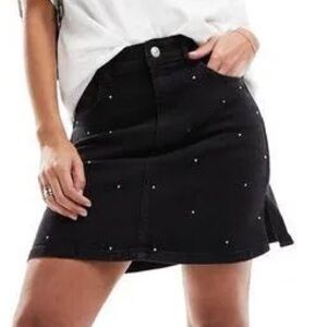Black Denim Skirt with Studded Details